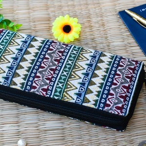 Cartera geométrica para mujer, estilo tribal azteca, cartera de mano bohemia, cartera larga vegana, cartera de tela hippie, cartera con cremallera, regalo étnico