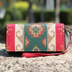 Portafoglio Boho, Borsa a tracolla, Arazzo in tessuto, Rosso e Verde, Piccola Borsa a tracolla, Portafoglio per carte Boho, Portafoglio per telefono gotico, Regalo di Natale