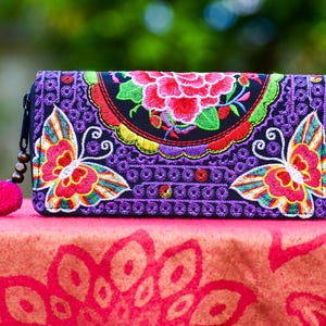 Cartera de tela floral, bordado morado, Cartera Hippie, Cartera floral, Monedero de flores, Cartera Boho, Cartera de algodón,