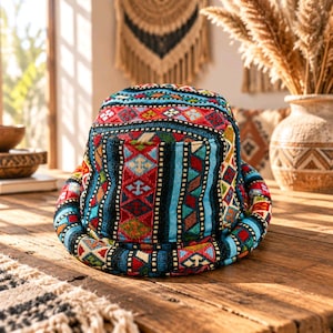 Puede incluir: Un sombrero de pescador con un vibrante patrón tejido multicolor con formas geométricas en tonos rojo, azul, turquesa, amarillo y negro. El sombrero tiene una copa redondeada y un ala inclinada hacia abajo, con una construcción de tela densa y texturizada.