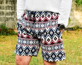 Pantalones cortos bohemios de algodón tejido tailandés: ropa unisex para festivales aztecas