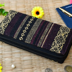 Hippie Crossbody Armband Geldbörse, Handyhülle, Vegan Clutch Geldbörse, Gewebter Vegan Kartenhalter, Braun Schwarz und Gold, Doppel-Reißverschluss.