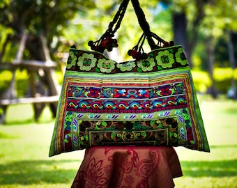 Embroidered Hmong Tote Bag: Colorful Thai Hippie Bag, Tribal Style, Re-usable Shopping, Embroidery strap, Thai Bag,