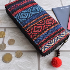 Cartera de algodón para mujeres - Billetera vegana hecha a mano, billetera de tela tejida, billetera de embrague Boho, billetera con cremallera única, idea de regalo de cumpleaños