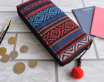 Cartera de algodón para mujeres - Billetera vegana hecha a mano, billetera de tela tejida, billetera de embrague Boho, billetera con cremallera única, idea de regalo de cumpleaños