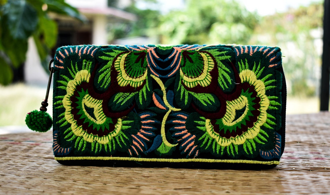 Embroidered Wallet Green Hmong Wallet Hippie Wallet Floral | Etsy