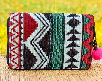 Cartera de mujer, monedero corto tribal nativo, cartera vegana, cartera bohemia, cartera étnica con tapiz, cartera hippie, cartera con cremallera