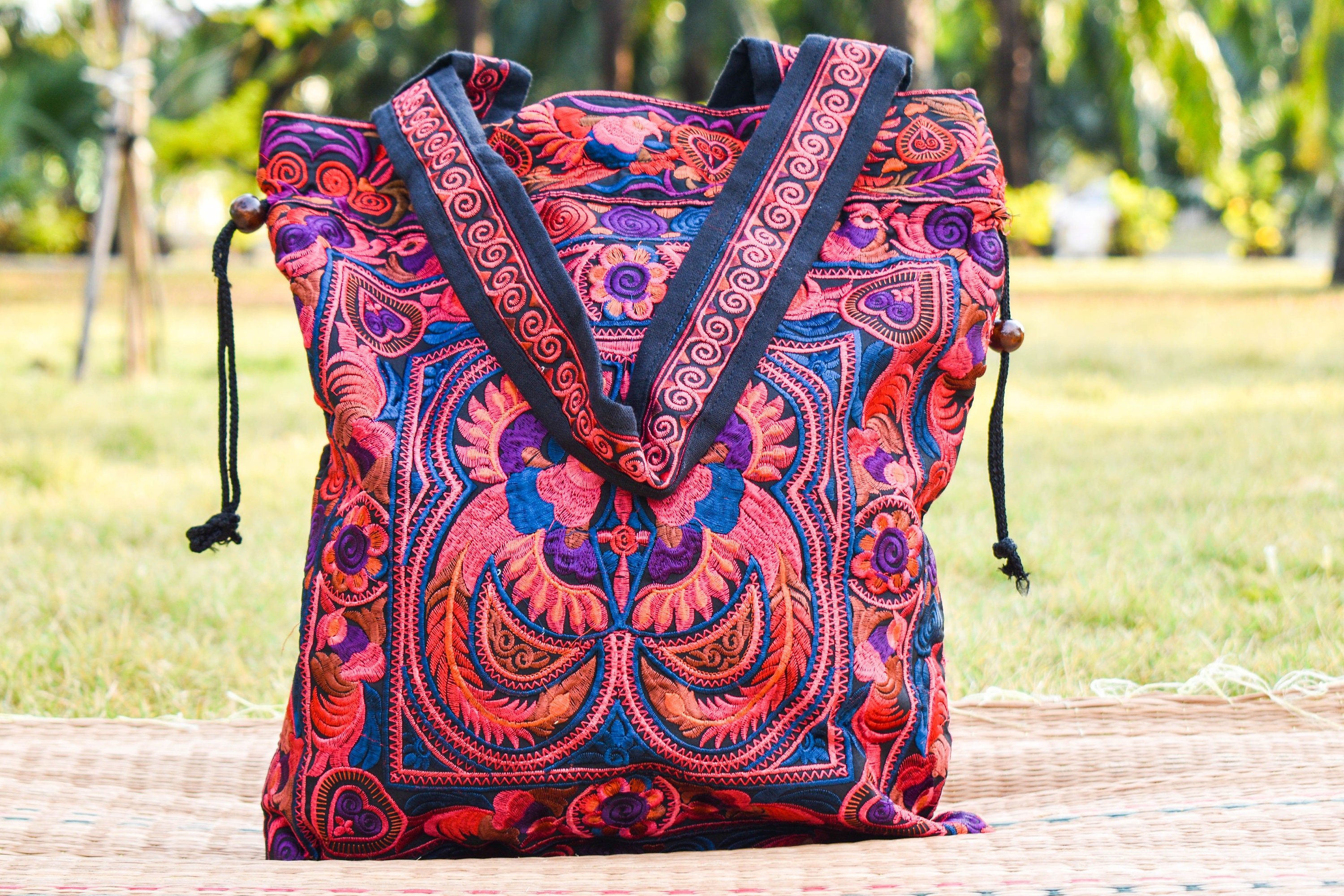 Red Floral Tote Bag Embroidered Shoulder Bag Thai Bag Etsy