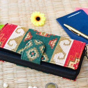 Cartera grande de tela, verde y roja, organizador de viaje, tarjetero, estilo boho, cartera de tela para teléfono, cartera vegana, colores italianos, Navidad