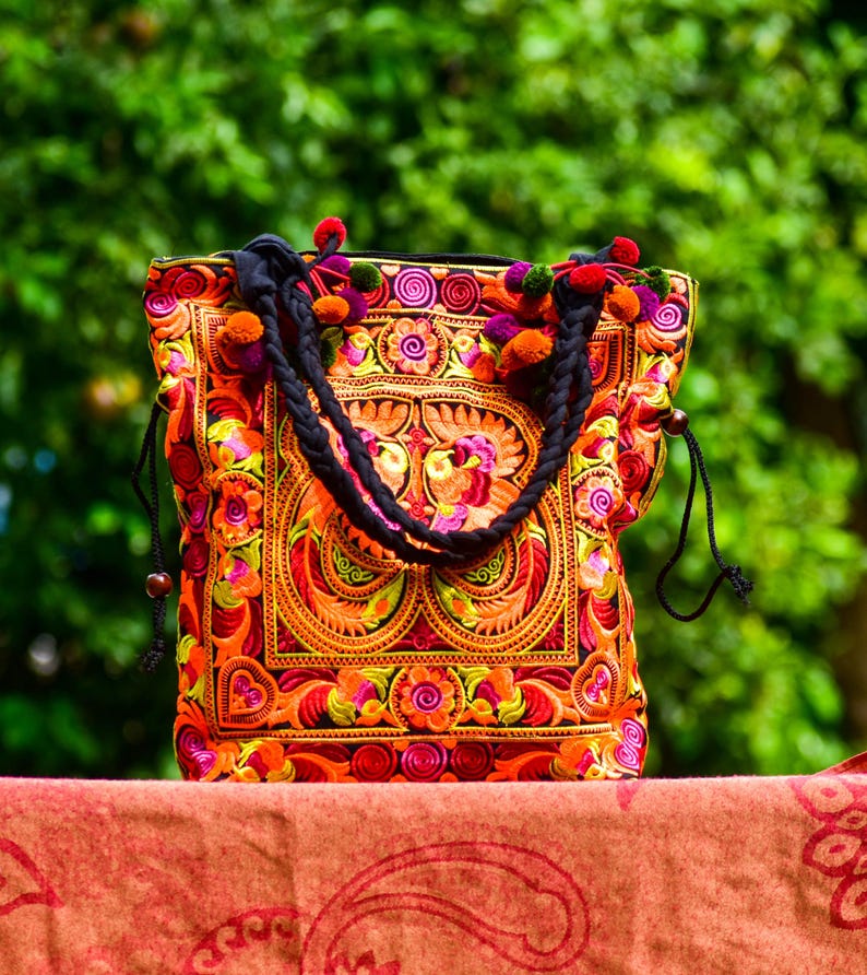 Embroidered Floral Tote Bag, Hmong Woven Shoulder Bag image 4