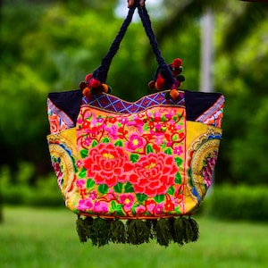 Gestickte Umhängetasche, Große Blumen Einkaufstasche, Orange Blumen Einkaufstasche, Hippie-Einkaufstasche, Einkaufstasche, Hmong Tasche, gewebte Handtasche,