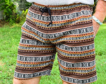 Unisex Boho Shorts, Hippie Shorts, Festival Clothing, Men Shorts, Orange and Black Shorts, Geometric Shorts, Festival Shorts, Women's Shorts