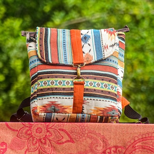 Colorful Fabric Backpack, Modern Pattern,  Ethnic Rucksack, Hippie Square Backpack, School Backpack, Vegan Backpack, Gift for Christmas