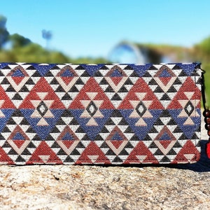 Billetera Tribal, Billetera Geométrica, Billetera Hippie, Rojo blanco y azul, Billetera Étnica, Billetera Tejida, Billetera Boho Zipper, Muñeca Tribal Unisex