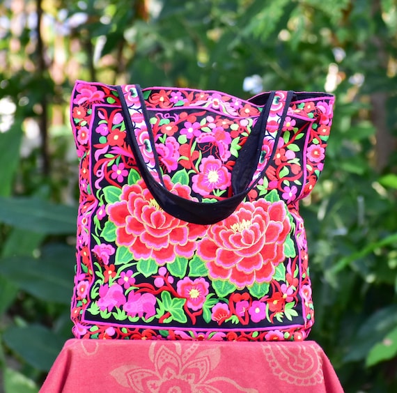 大きな花柄バッグ、刺繍入りショルダーバッグ、ピンクの花柄トート 