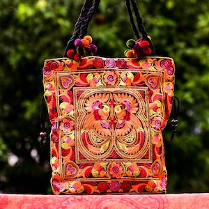 Embroidered Floral Tote Bag, Hmong Woven Shoulder Bag image 1