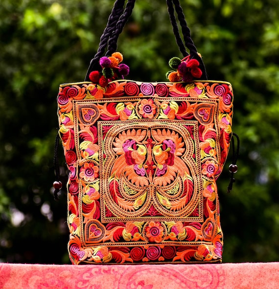 Floral Tote Bag, Embroidered Shoulder Bag, Thai Bag, Hippie Tote Bag, Shopping Bag, Hmong Bag, Boho Bag, Woven Handbag,