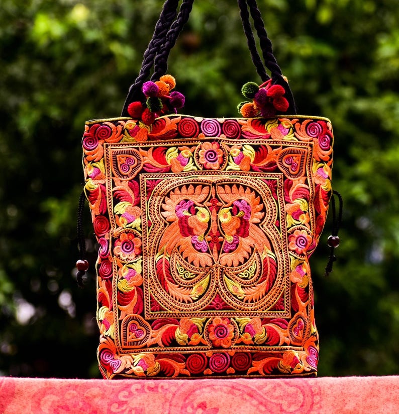 Embroidered Floral Tote Bag, Hmong Woven Shoulder Bag image 1