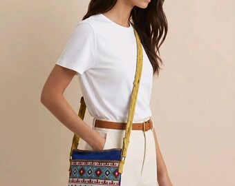 Boho crossbody-tas met stonewashed stof, blauwgroene tint - Veganistische handtas tas, stoffen schoudertas, boho schoudertas