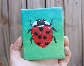 Red Lady Bug, Insectenschilderij, Acryl Mini Canvas