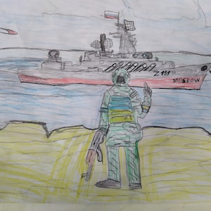 Bild. Russisches Schiff fak yu. Kinderzeichnung. gezeichnet von Kindern aus der Ukraine. Jpg