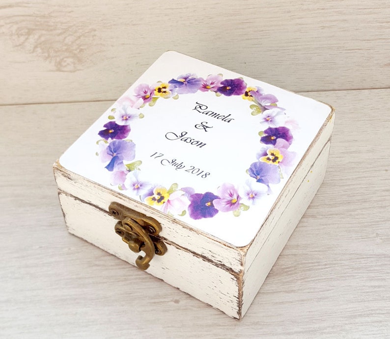 Custom wedding gift idea Decoupage jewelry box EngagementProposal wooden ring holder Personalized ring bearer box violet