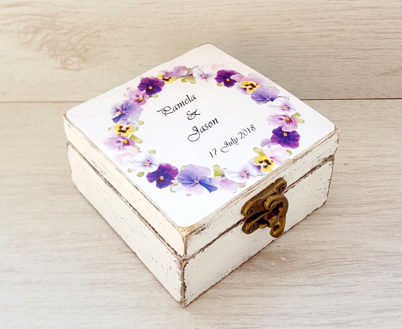 Custom wedding gift idea Decoupage jewelry box EngagementProposal wooden ring holder Personalized ring bearer box violet