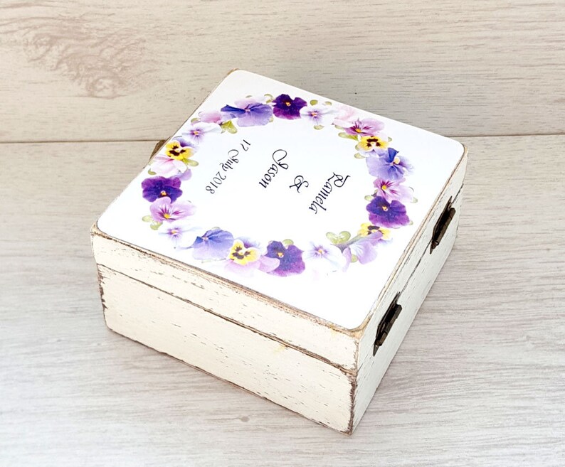 Custom wedding gift idea Decoupage jewelry box EngagementProposal wooden ring holder Personalized ring bearer box violet