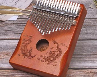 Dark mahogany-solid wood carving 17Key kalimba-dragon and phoenix vintage