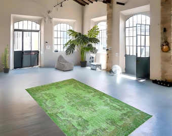 Emerald Boho Charm: Handmade Green Overdyed Vintage Rug - Worn green Beauty - Modern Elegance - 292x170 cm / 9.6x5.6 ft