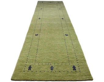 Green runner rug, long green runner, modern hallway rug, kitchen rug - UNUSED and HANDMADE - 297x82 cm / 2.7x9.7 ft