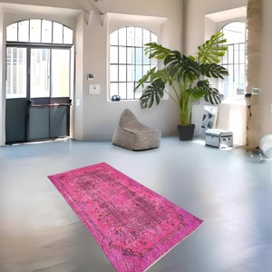 Lovely pink rug, medium pink rug, Vintage pink carpet, handmade worn rug, distressed boho rug, overdyed rug 218x116 cm / 7.1x3.7 ft