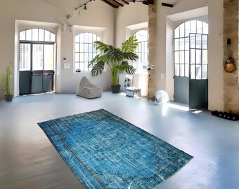 Turquoise vintage handmade rug, vintage rug, Boho Oushak Rug, large rug, Handmade overdyed rug, Distressed Rug - 272x180 cm / 5.9x9 ft