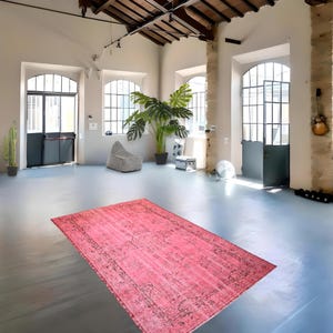 Large pink rug, worn pink rug, Vintage pink carpet, handmade worn rug, distressed boho rug, overdyed rug 312x188 cm / 6.1x10.3 ft