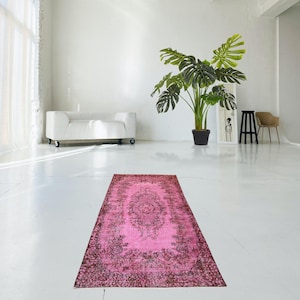 Pink rug, large Vintage pink carpet, handmade worn rug, distressed boho rug, overdyed rug 208x112 cm / 3.7x6.7 ft
