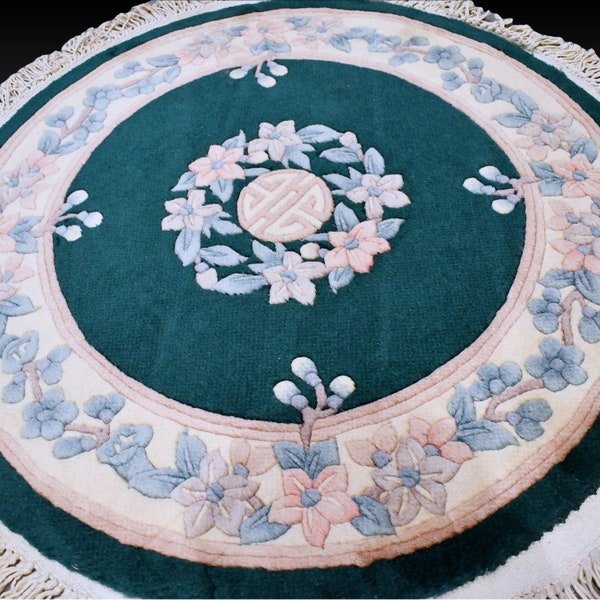 Tapis rond vert floral d'Aubusson, tapis chinois rond INUTILISÉ, tapis art déco fait main - EXCELLENT état - 93 cm / 3 pi