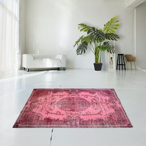 Incredible pink rug, large Vintage pink carpet, handmade worn rug, distressed boho rug, overdyed rug 197x111 cm / 3.7x6.5 ft