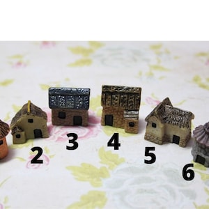 Può includere: Sei case in miniatura realizzate in resina dipinta, ognuna con un design e una combinazione di colori unici. Le case sono numerate da 1 a 6.