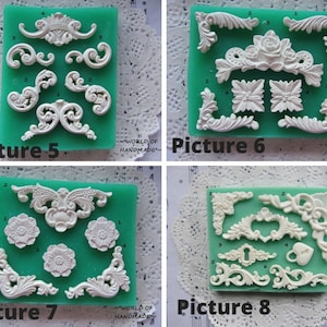Silicone molds for scrapbooking in the form of corners, curls and flowers of different shapes and sizes. Forms for polymer clay and plastic.