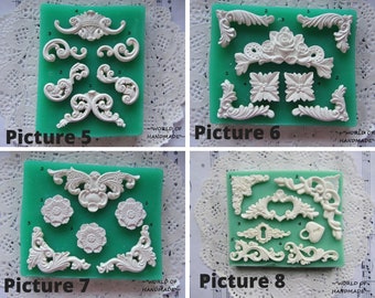Silicone molds for scrapbooking in the form of corners, curls and flowers of different shapes and sizes. Forms for polymer clay and plastic.