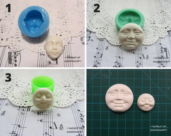 Silicone molds in the form of human faces of different shapes and sizes. Molds for polymer clay and plastics.