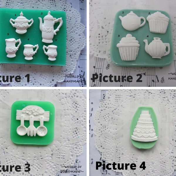 Formes en silicone pour le scrapbooking sous la forme d’ustensiles de cuisine et des gâteaux de différentes formes et tailles. Formulaires pour l’argile polymère et plastique.