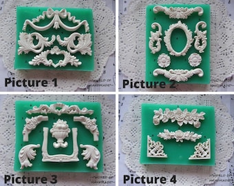 Silicone molds for scrapbooking in the form of corners, curls and flowers of different shapes and sizes. Forms for polymer clay and plastic.