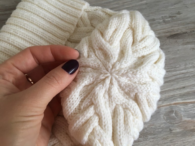 Knit hat women white merino wool hand knit beanie hand made gift