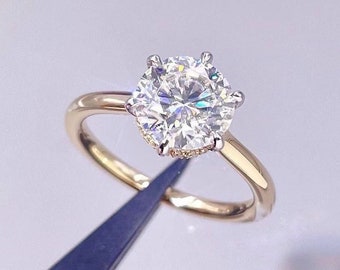 3CT Round Cut Moissanite Engagement Ring, Solitaire 14k Gold Moissanite Wedding Ring, Hidden Halo, 6 Prongs Anniversary Ring, Gift For Lover