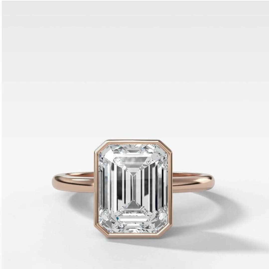 Bezel Setting Ring, 3CT Emerald Cut Moissanite Ring, 14K Yellow Gold ...