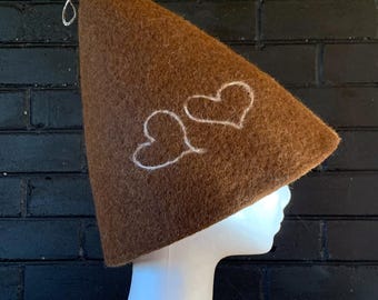 Felted Wool Brown Sauna Hat with Hearts