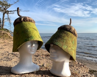 Sauna Hat, Felted Acorn Hat, Greenish Felt Hat, Felted Bathhouse Hat, Fun Gift for Sauna Lover