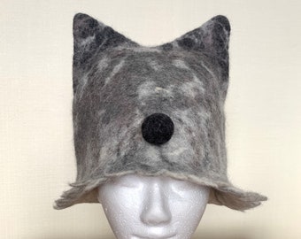 Felted Sauna Spa Tub Hat, Grey Wolf Hat, Wool Sauna Hat, Sauna Spa Accessories