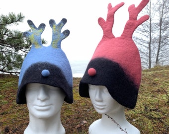 Felted Wool Sauna Hat: Deer Antler Reindeer Design